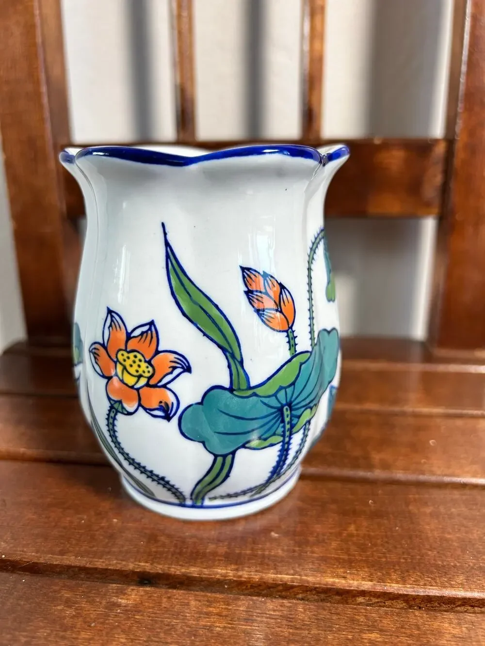 Vintage Chinese Porcelain Lotus Vase Hand Painted Blue White Scalloped Rim